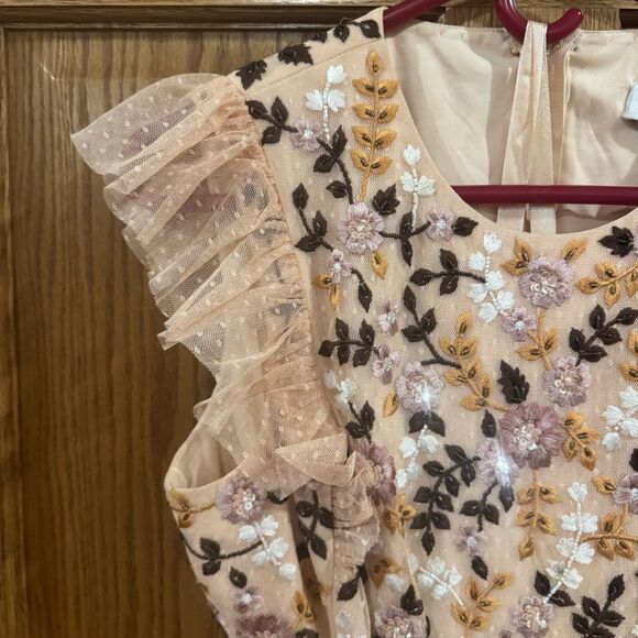 Mac Duggal Floral Embroidered Tulle Gown Sz 6 Peach Pink Tiered Maxi Dress - Picture 6 of 13